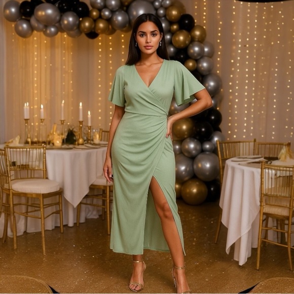 Azazie Selah Coquette Dusty Sage Feminine Flutter Sleeve Maxi Dress Size A8 - Picture 1 of 15